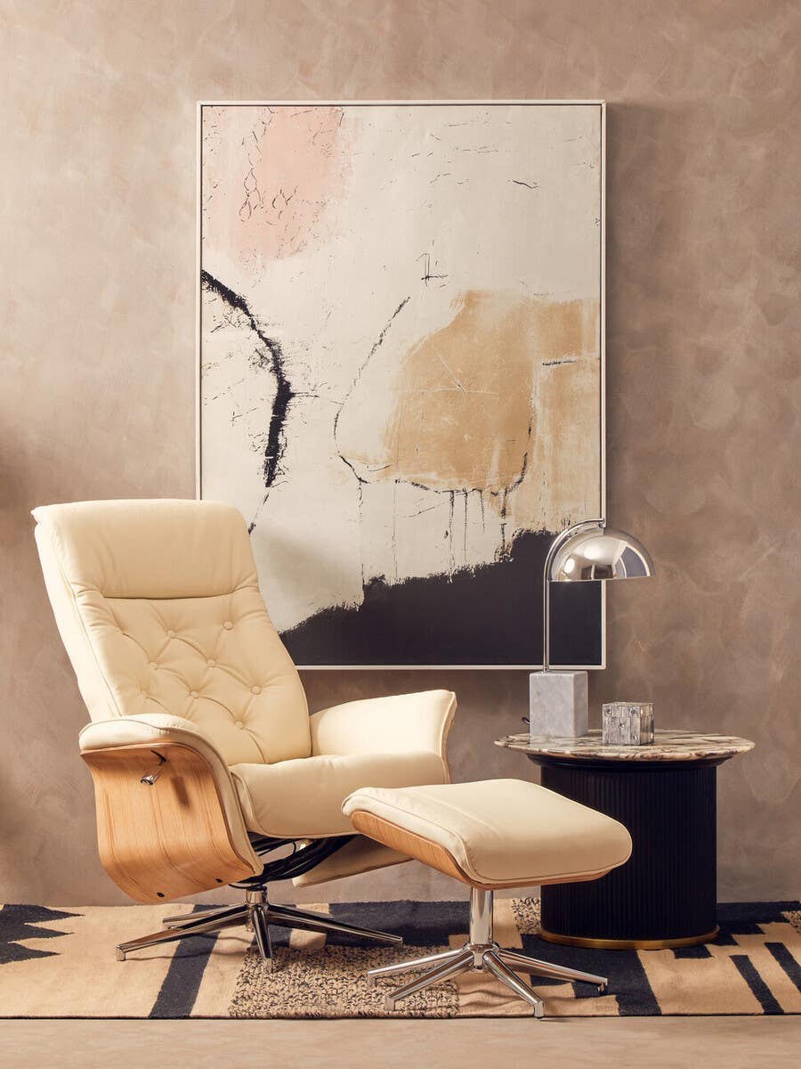 Warrington ivory leather effect recliner and matching footstool
